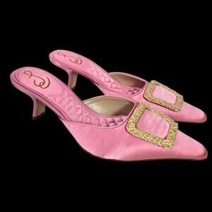 Sam Edelman Brit Satin Mule Pink Pointy Embellished Buckle Quilted Kitten Heel 8
